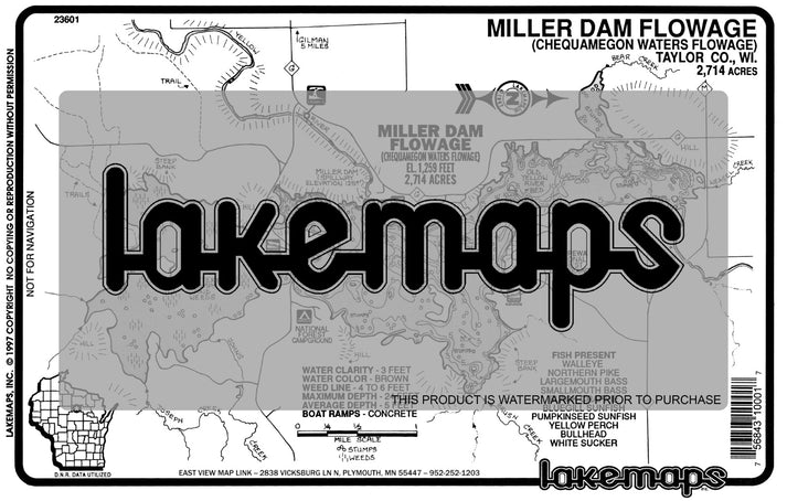 Taylor County, WI - MILLER DAM FLOWAGE (Chequamegon Waters Flow.) - Lakemap - 23601