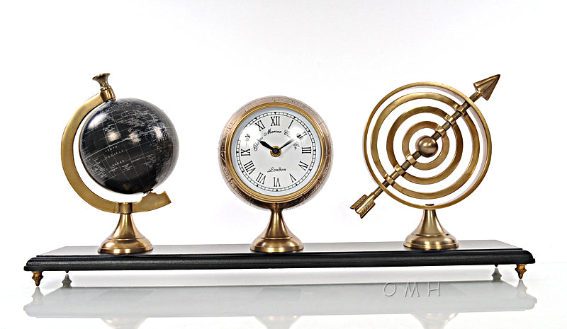 Armillery/Clock & World Globe On Wood Base-AK031