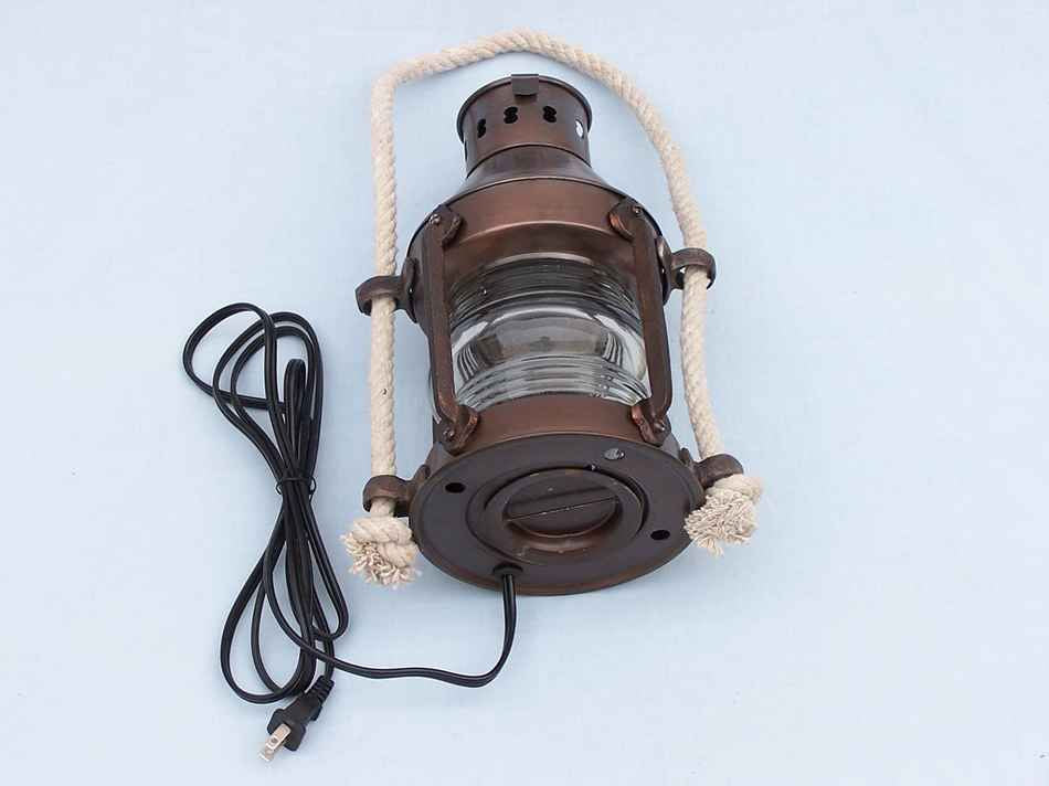 Antique Copper Round Anchor Electric Lantern 16"