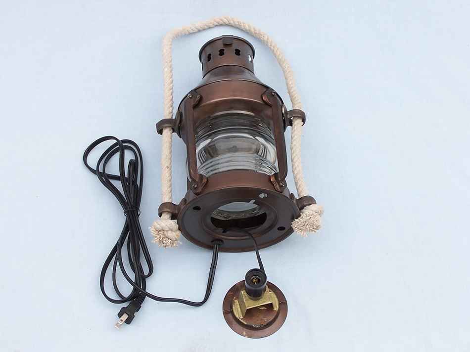 Antique Copper Round Anchor Electric Lantern 16"