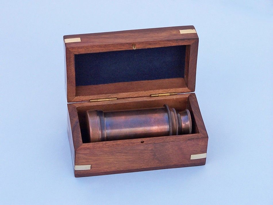 Deluxe Class Scout's Antique Copper Spyglass Telescope 7" with Rosewood Box
