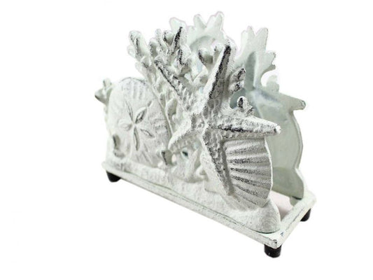 Rustic Whitewashed Cast Iron Seashell Napkin Holder 7"