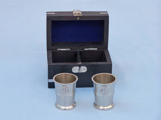Brushed Nickel Anchor Shot Glasses with Rosewood Box 4" - Set of 2