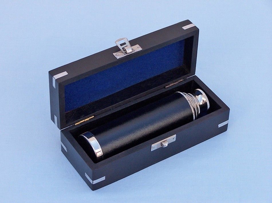 Deluxe Class Captain's Chrome - Leather Spyglass Telescope 14" with Black Rosewood Box