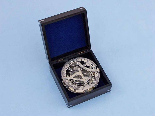 Chrome Round Sundial Compass with Black Rosewood Box 6"