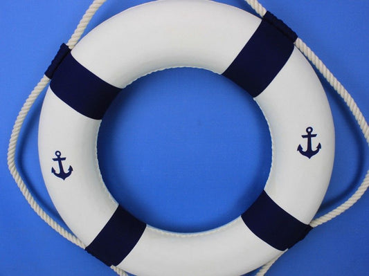 Classic White Decorative Anchor Lifering with Blue Bands 20"