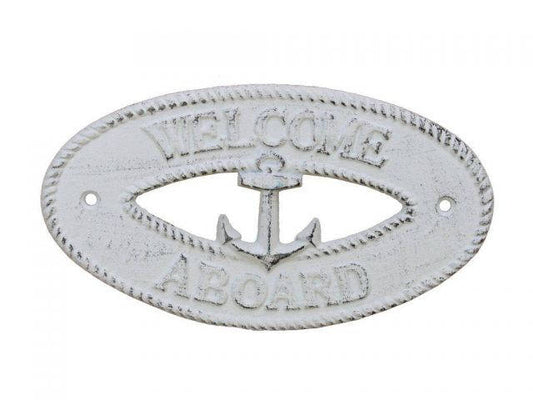 Whitewashed Cast Iron Welcome Aboard with Anchor Sign 8"
