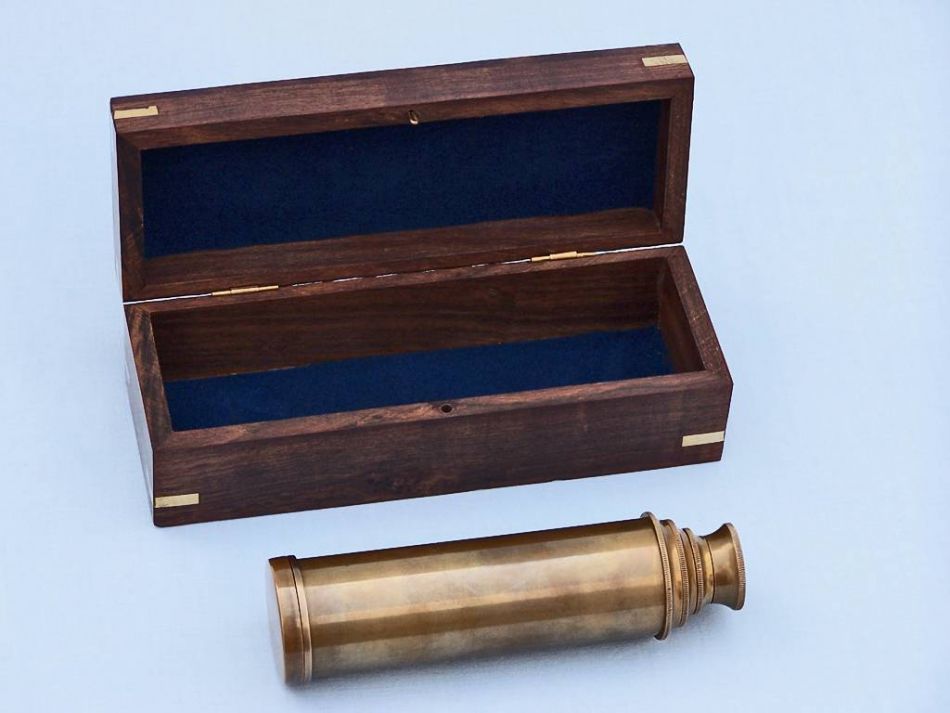 Deluxe Class Antique Brass Captains Spyglass Telescope 15" with Rosewood Box