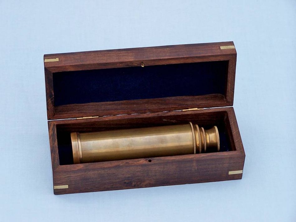 Deluxe Class Antique Brass Captains Spyglass Telescope 15" with Rosewood Box