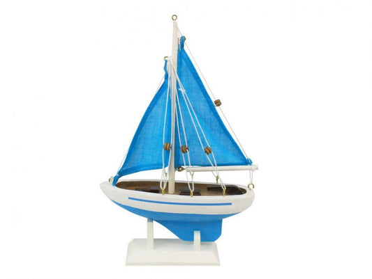Wooden Light Blue with Light Blue Sails Pacific Sailer Model Sailboat Decoration 9"