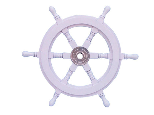 Deluxe Class White Wood and Chrome Ship Decorative Steering Wheel 18"