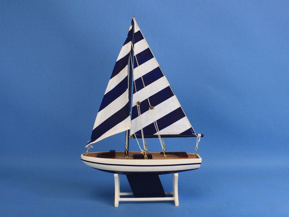 Wooden Decorative Sailboat Model with Blue Stripes 12"