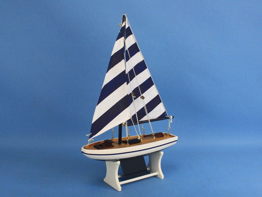 Wooden Decorative Sailboat Model with Blue Stripes 12"