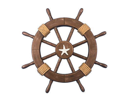 Rustic Wood Finish Decorative Ship Wheel with Starfish 18"
