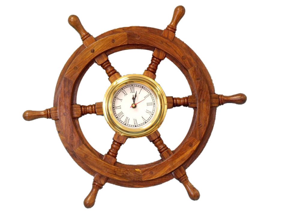 Deluxe Class Wood And Brass Ship Wheel Clock 18"