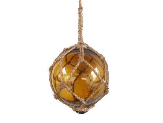 Amber Japanese Glass Ball Fishing Float With Brown Netting Decoration 4"