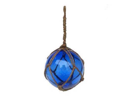 Blue Japanese Glass Ball Fishing Float With Brown Netting Decoration 4"