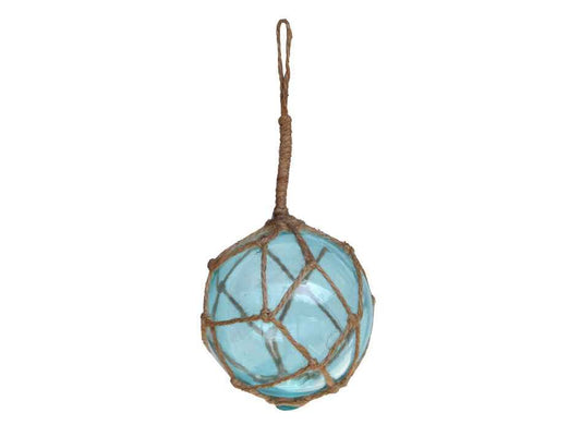 Light Blue Japanese Glass Ball Fishing Float With Brown Netting Decoration 4"