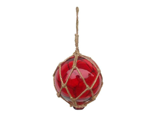 Red Japanese Glass Ball Fishing Float With Brown Netting Decoration 4"