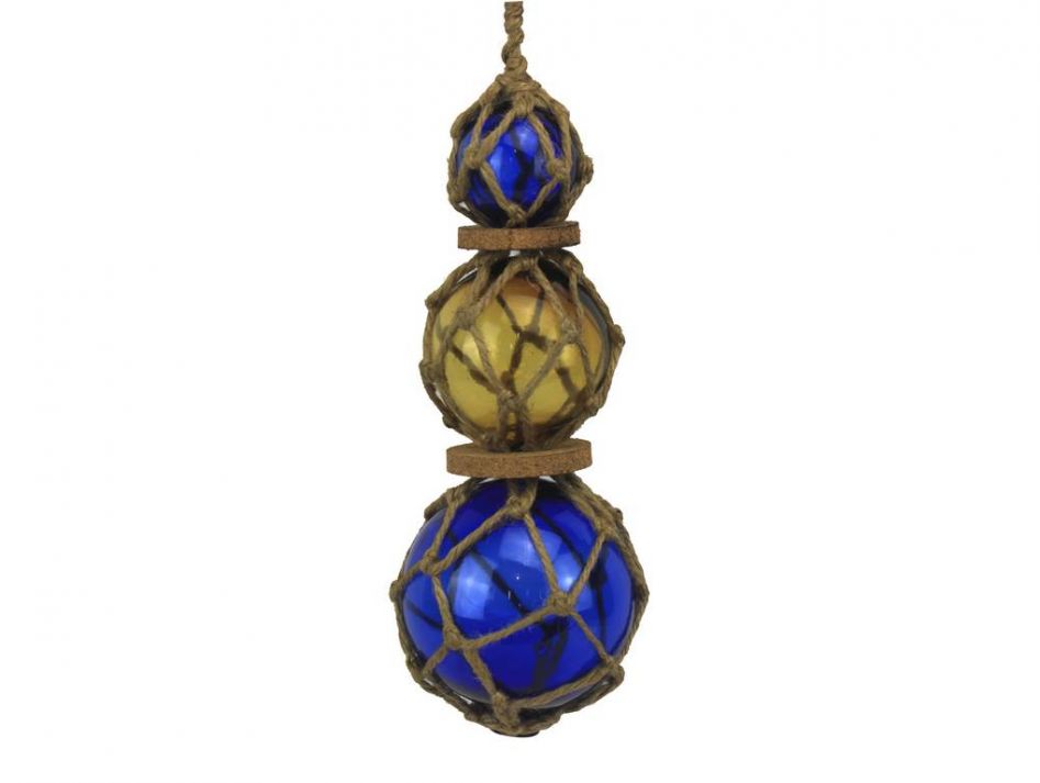 Blue - Amber - Blue Japanese Glass Ball Fishing Floats with Brown Netting Decoration 11"