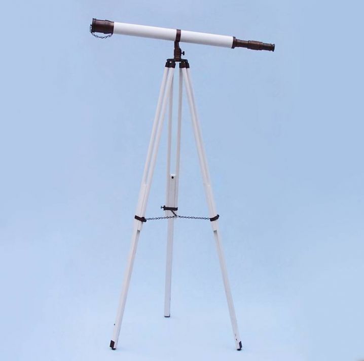 Floor Standing Bronzed With White Leather Galileo Telescope 65"