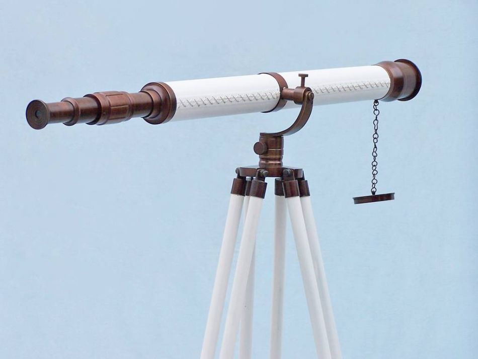Floor Standing Bronzed With White Leather Galileo Telescope 65"