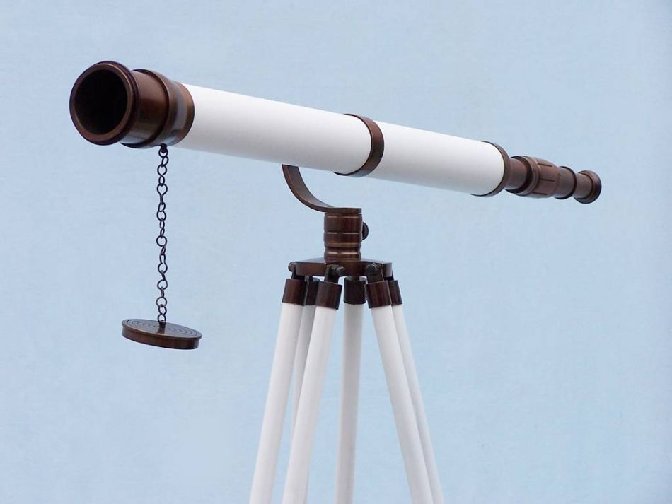 Floor Standing Bronzed With White Leather Galileo Telescope 65"