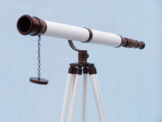 Floor Standing Bronzed With White Leather Galileo Telescope 65"
