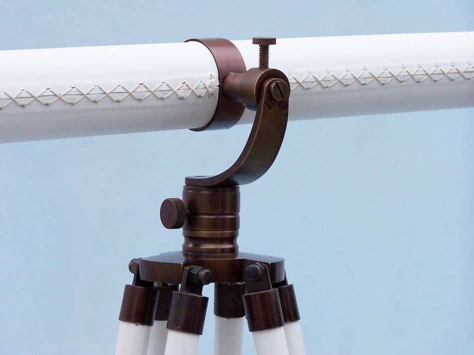 Floor Standing Bronzed With White Leather Galileo Telescope 65"