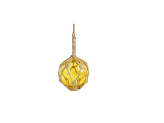 Yellow Japanese Glass Ball Fishing Float With Brown Netting Decoration 3"