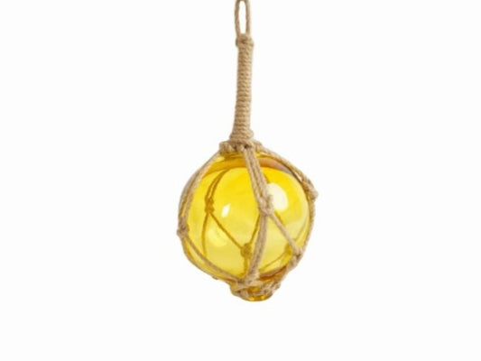 Yellow Japanese Glass Ball Fishing Float With Brown Netting Decoration 4"