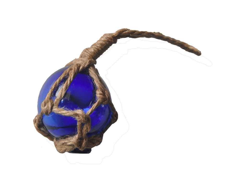 Blue Japanese Glass Ball Fishing Float with Brown Netting Decoration 2"