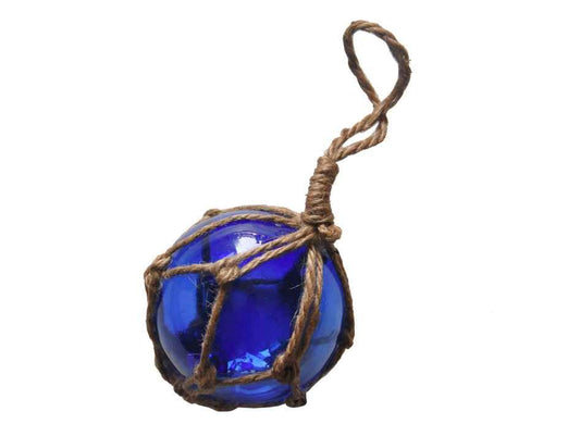 Blue Japanese Glass Ball Fishing Float With Brown Netting Decoration 3"
