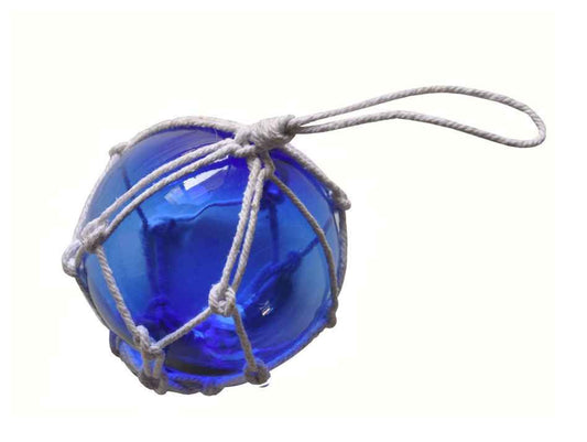 Blue Japanese Glass Ball Fishing Float With White Netting Decoration 3"