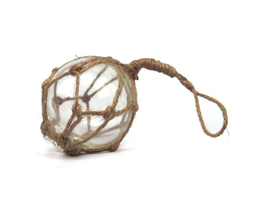 Clear Japanese Glass Ball Fishing Float With Brown Netting Decoration 3"