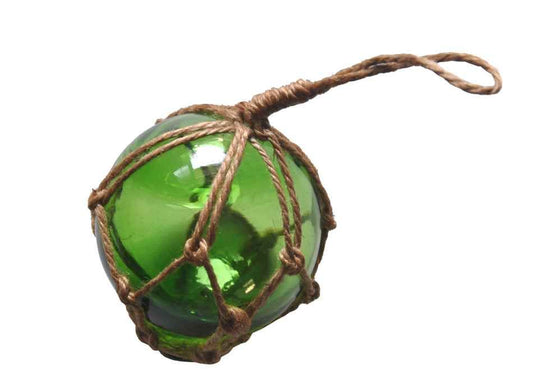 Green Japanese Glass Ball Fishing Float With Brown Netting Decoration 3"