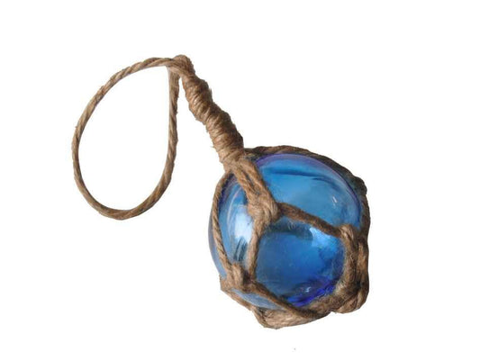 Light Blue Japanese Glass Ball Fishing Float With Brown Netting Decoration 2"