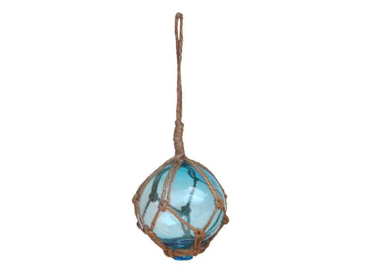 Light Blue Japanese Glass Ball Fishing Float With Brown Netting Decoration 3"