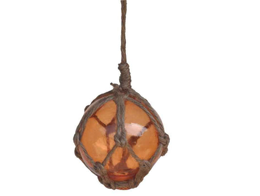 Orange Japanese Glass Ball Fishing Float With Brown Netting Decoration 3"