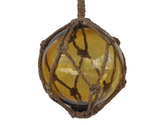 Amber Japanese Glass Ball Fishing Float With Brown Netting Decoration 6"