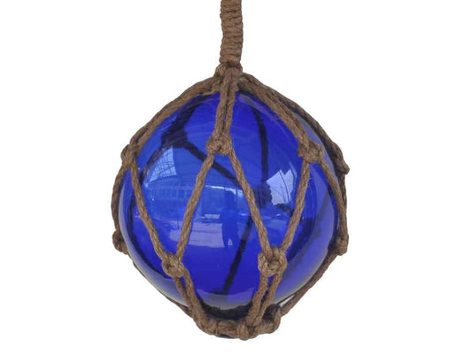 Blue Japanese Glass Ball Fishing Float With Brown Netting Decoration 6"