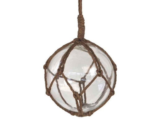Clear Japanese Glass Ball Fishing Float With Brown Netting Decoration 6"