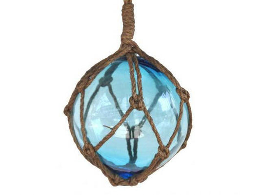 Light Blue Japanese Glass Ball Fishing Float With Brown Netting Decoration 6"