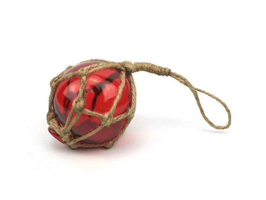 Red Japanese Glass Ball Fishing Float With Brown Netting Decoration 3"