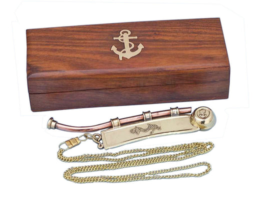 Solid Brass/Copper Bosun Whistle 6" w/ Rosewood Box