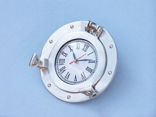 Brushed Nickel Deluxe Class Decorative Ship Porthole Clock 8"