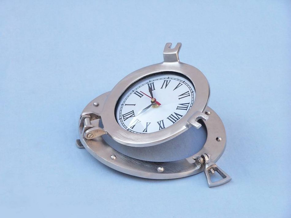 Brushed Nickel Deluxe Class Decorative Ship Porthole Clock 8"