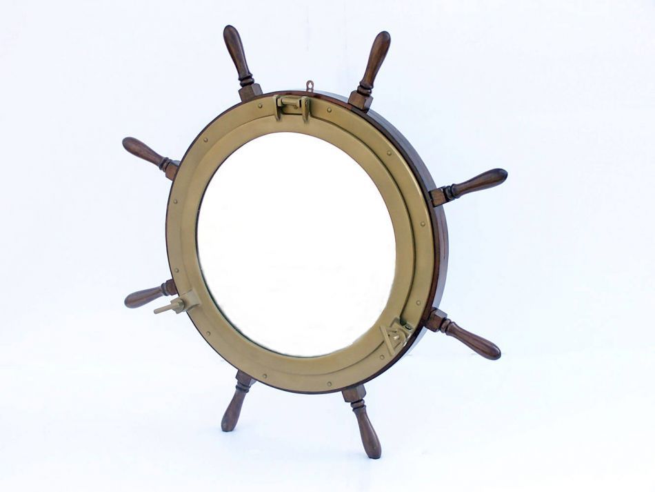 Deluxe Class Wood and Antique Brass Ship Wheel Porthole Mirror 36"