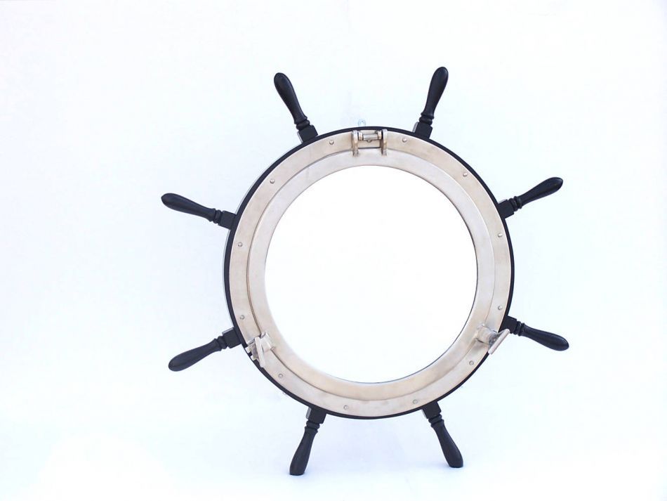 Deluxe Class Wood and Brushed Nickel Ship Wheel Porthole Mirror 36"