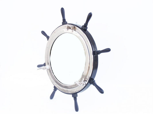 Deluxe Class Wood and Chrome Ship Wheel Porthole Mirror 36"